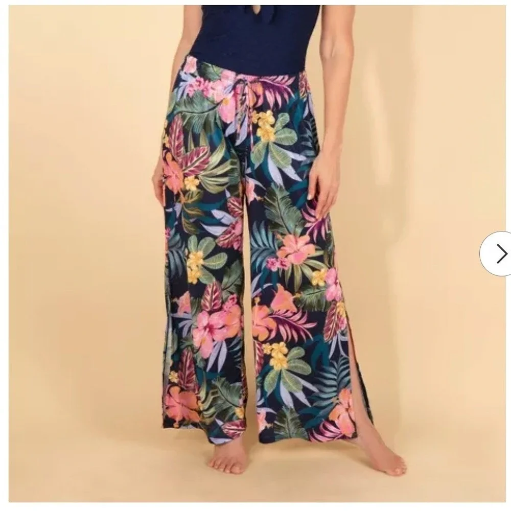 Lands End Tropical Floral Wide Leg Swim Cover-Up Pants Navy Multi XL 605